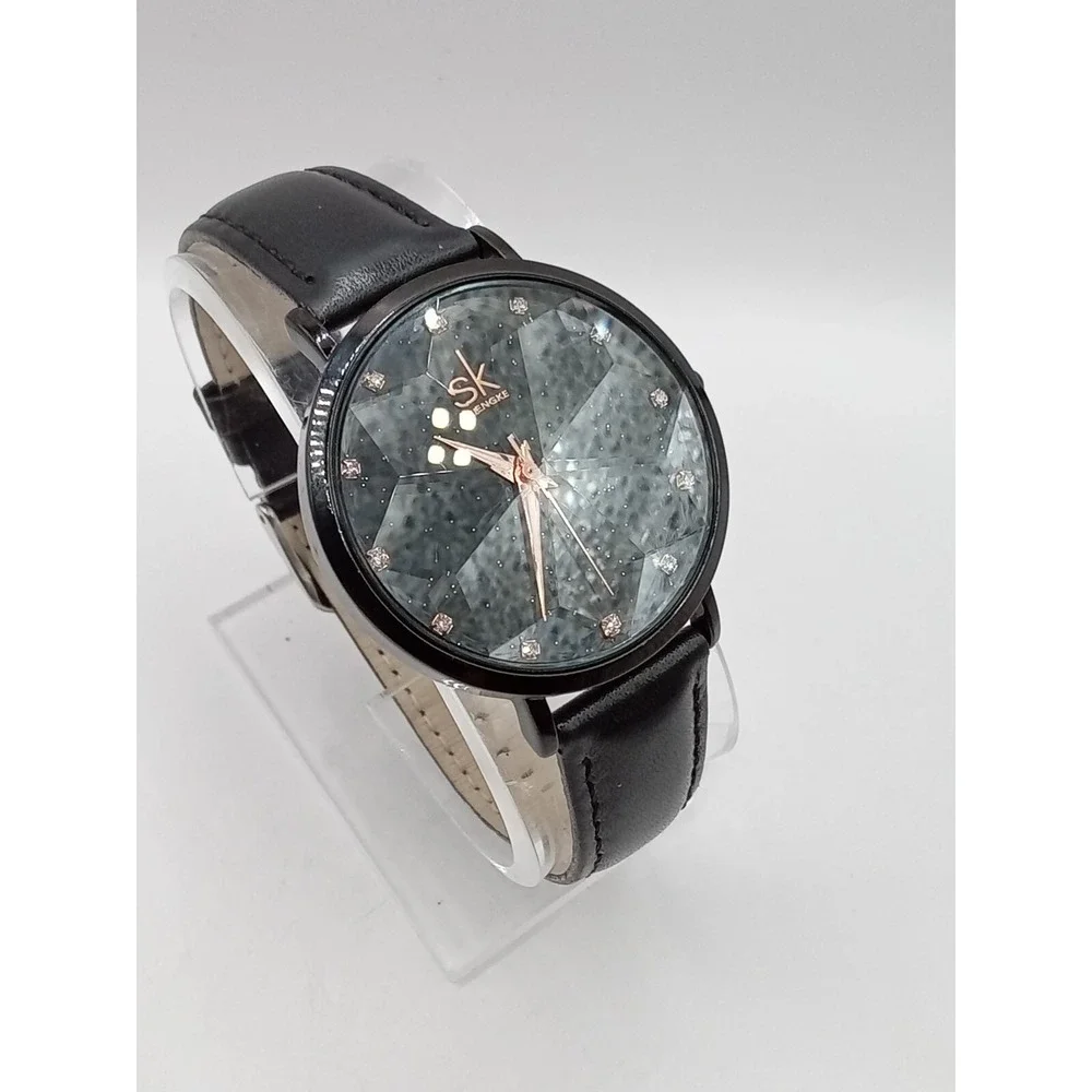 Shengke Women's Black Prism Crystal Leather‎ Band Quartz Watch- New Battery
